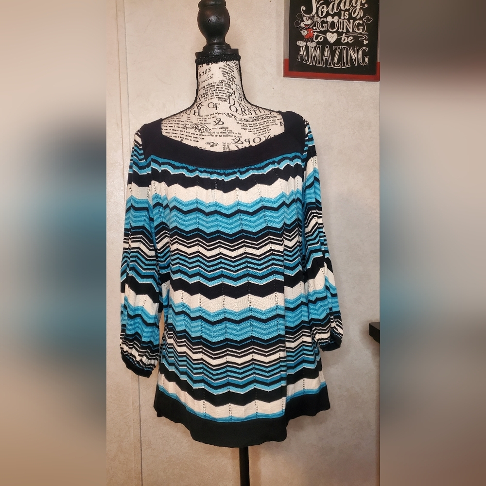 INC International Concepts Blue and Black Striped Silk Top Size: 3X